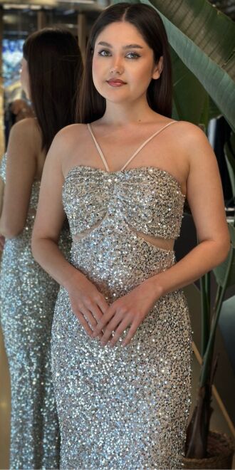 Bej İp Askılı Düz Kesim Payet Uzun Abiye Elbise 7702 - 2