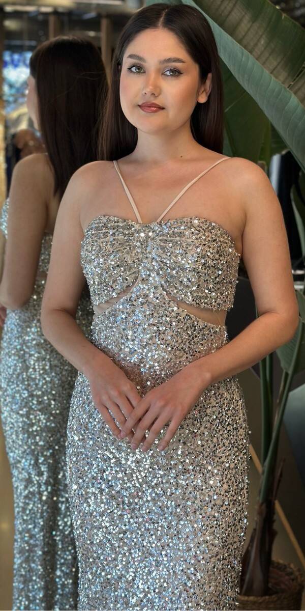 Bej İp Askılı Düz Kesim Payet Uzun Abiye Elbise 7702 - 2