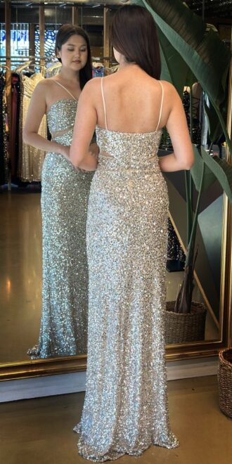 Bej İp Askılı Düz Kesim Payet Uzun Abiye Elbise 7702 - 5