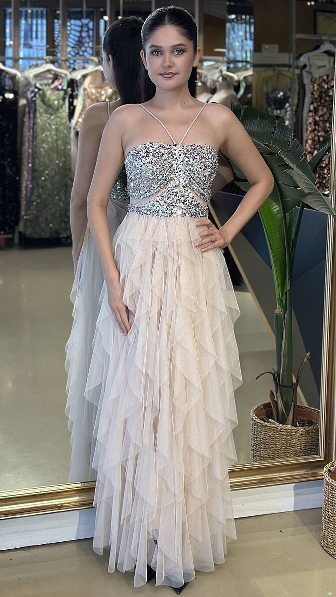 Bej İp Askılı Bel Dekolteli Kloş Etekli Likralı Tül Uzun Abiye Elbise 08-11048 - 1