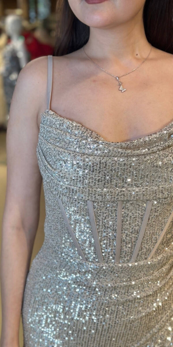 Bej İp Askılı Degaje Yaka Yırtmaçlı Düz Kesim Payet Uzun Abiye Elbise 7711 - 4