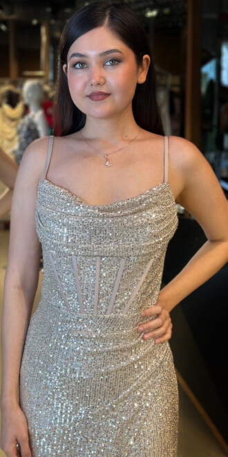 Bej İp Askılı Degaje Yaka Yırtmaçlı Düz Kesim Payet Uzun Abiye Elbise 7711 - 3