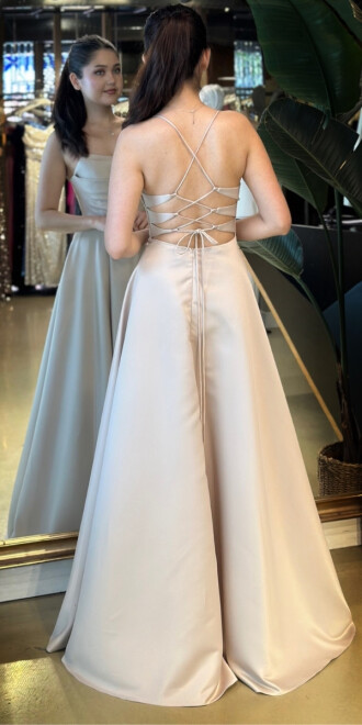 Bej İp Askılı Sırt Dekolteli Kloş Etekli Saten Uzun Abiye Elbise 7764 - 5