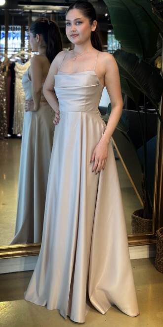 Bej İp Askılı Sırt Dekolteli Kloş Etekli Saten Uzun Abiye Elbise 7764 - 2