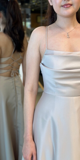 Bej İp Askılı Sırt Dekolteli Kloş Etekli Saten Uzun Abiye Elbise 7764 - 4