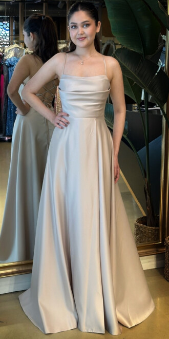 Bej İp Askılı Sırt Dekolteli Kloş Etekli Saten Uzun Abiye Elbise 7764 