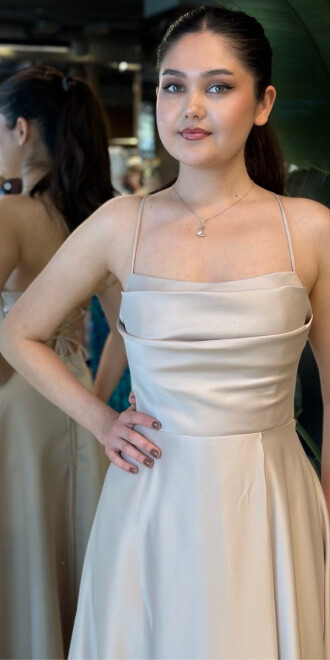 Bej İp Askılı Sırt Dekolteli Kloş Etekli Saten Uzun Abiye Elbise 7764 - 3