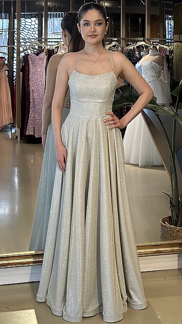 Bej İp Askılı Sırt Dekolteli Kloş Etekli Simli Uzun Abiye Elbise 7601 - abiyeniall