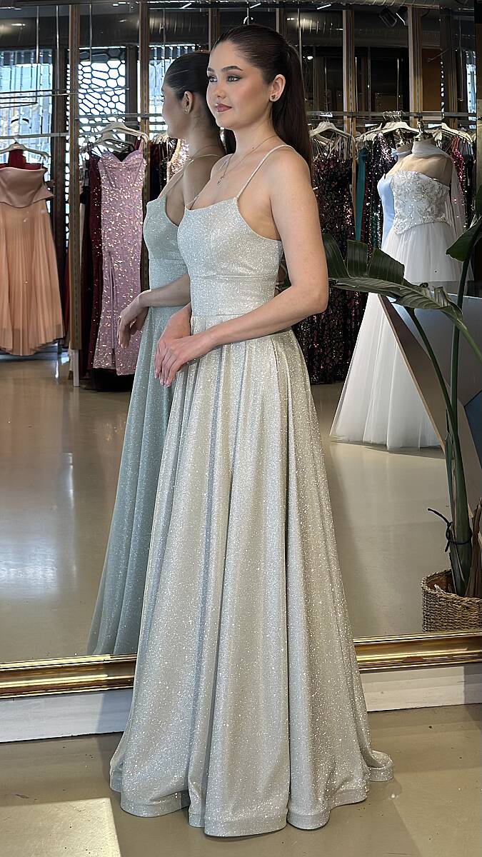 Bej İp Askılı Sırt Dekolteli Kloş Etekli Simli Uzun Abiye Elbise 7601 - 2