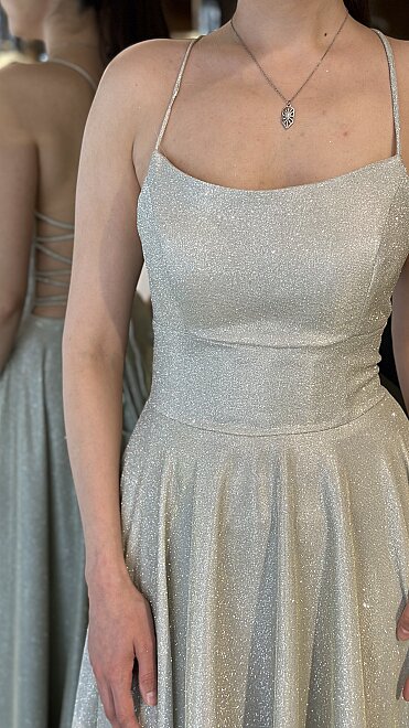 Bej İp Askılı Sırt Dekolteli Kloş Etekli Simli Uzun Abiye Elbise 7601 - 4