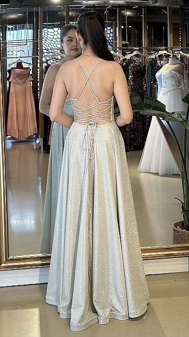 Bej İp Askılı Sırt Dekolteli Kloş Etekli Simli Uzun Abiye Elbise 7601 - 5