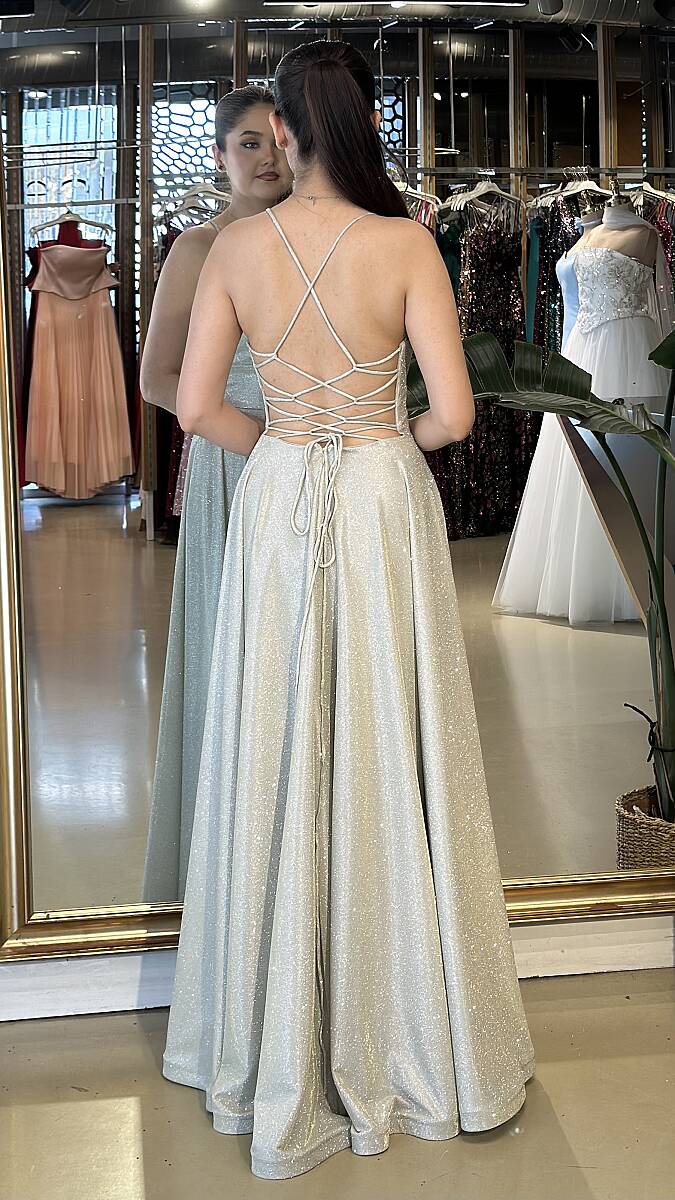 Bej İp Askılı Sırt Dekolteli Kloş Etekli Simli Uzun Abiye Elbise 7601 - 5