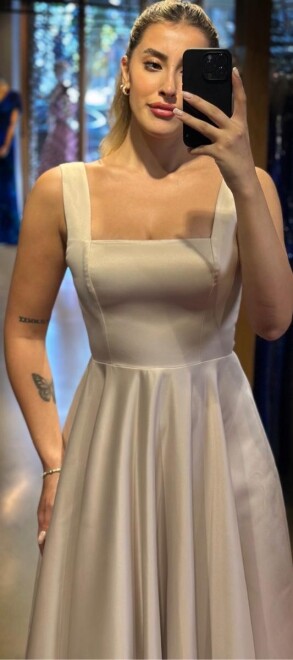 Bej Kalın Askı Kloş Etekli Saten Midi Abiye Elbise 7631 - 2