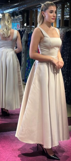 Bej Kalın Askı Kloş Etekli Saten Midi Abiye Elbise 7631 - 3