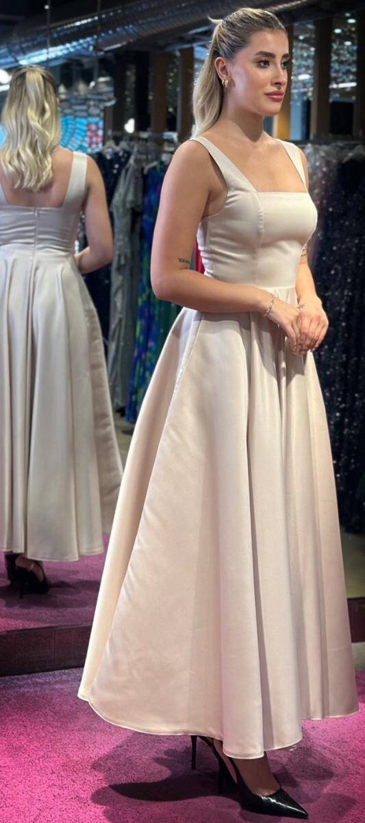 Bej Kalın Askı Kloş Etekli Saten Midi Abiye Elbise 7631 - 3