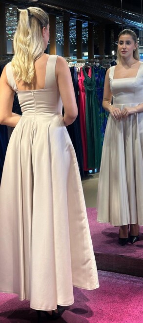 Bej Kalın Askı Kloş Etekli Saten Midi Abiye Elbise 7631 - 5