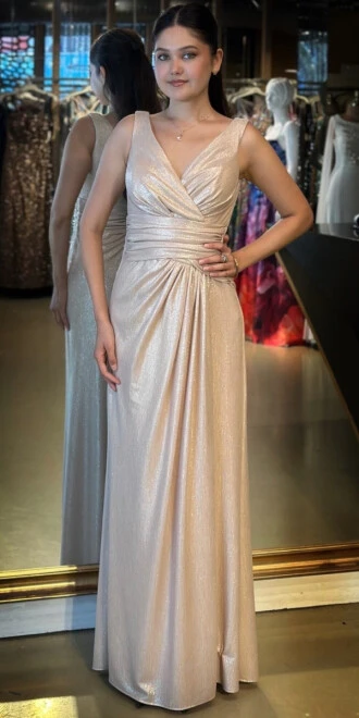 Bej Kalın Askı V Yaka Anvelop Yırtmaçlı Düz Kesim Simli Uzun Abiye Elbise 11074 