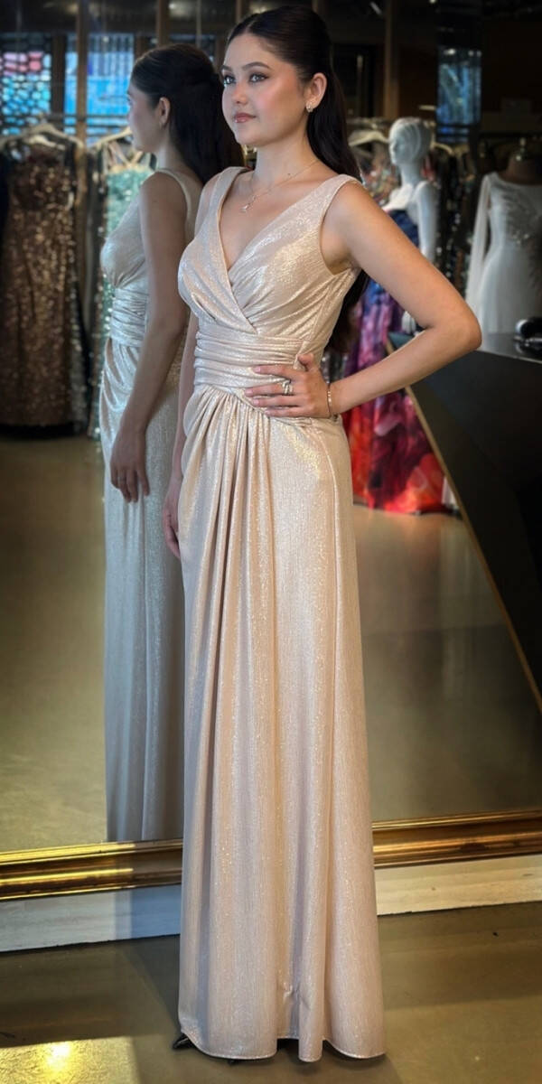 Bej Kalın Askı V Yaka Anvelop Yırtmaçlı Düz Kesim Simli Uzun Abiye Elbise 11074 - 2