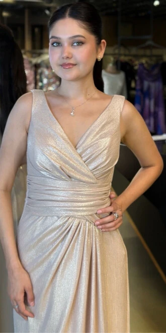 Bej Kalın Askı V Yaka Anvelop Yırtmaçlı Düz Kesim Simli Uzun Abiye Elbise 11074 - 3