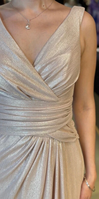 Bej Kalın Askı V Yaka Anvelop Yırtmaçlı Düz Kesim Simli Uzun Abiye Elbise 11074 - 4