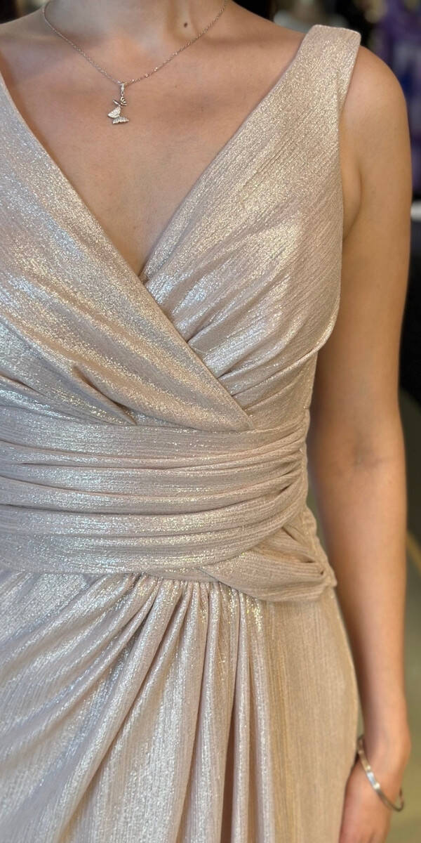 Bej Kalın Askı V Yaka Anvelop Yırtmaçlı Düz Kesim Simli Uzun Abiye Elbise 11074 - 4