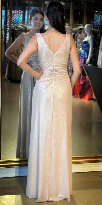 Bej Kalın Askı V Yaka Anvelop Yırtmaçlı Düz Kesim Simli Uzun Abiye Elbise 11074 - 5