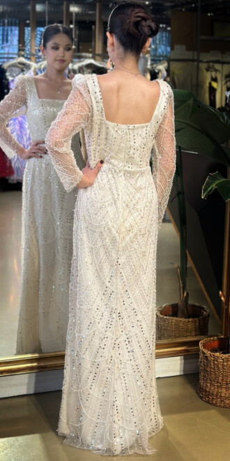 Bej Kare Yaka Uzun Kollu Kloş Etekli Pullu Boncuklu Uzun Abiye Elbise 11047-02 - 5