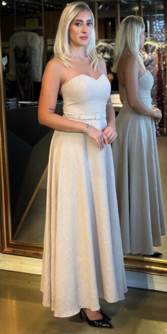 Bej Kemerli Straplez Yaka Kloş Etekli Keten Midi Abiye Elbise 11089 - 2