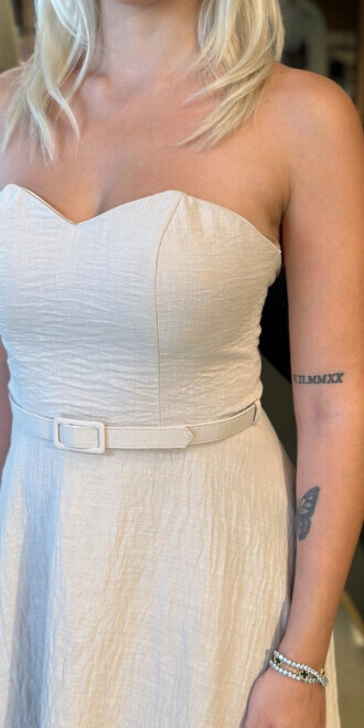 Bej Kemerli Straplez Yaka Kloş Etekli Keten Midi Abiye Elbise 11089 - 4