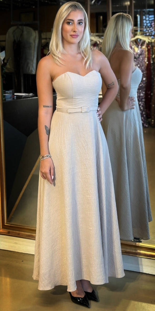 Bej Kemerli Straplez Yaka Kloş Etekli Keten Midi Abiye Elbise 11089 - 1