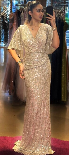 Beige Short Sleeve Straight Cut Sequin Long Evening Dress 7572 