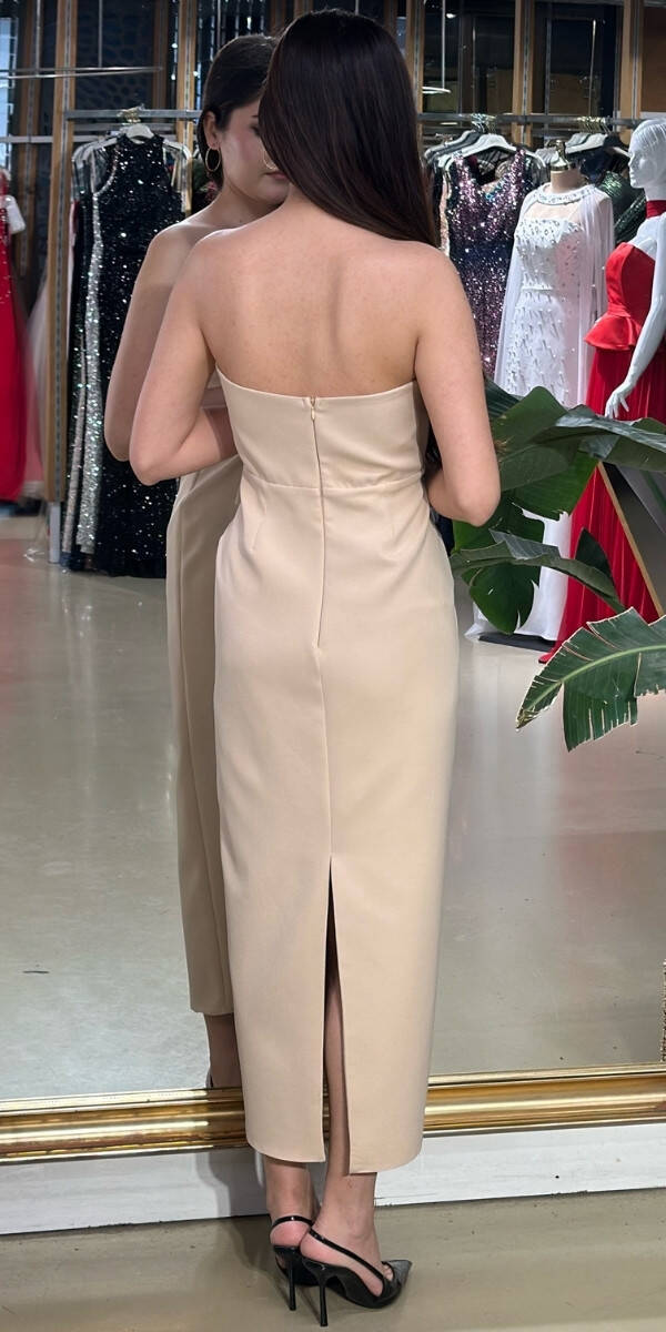 Bej Kurdele Detaylı Yırtmaçlı Düz Kesim Krep Midi Abiye Elbise 7720 - 2