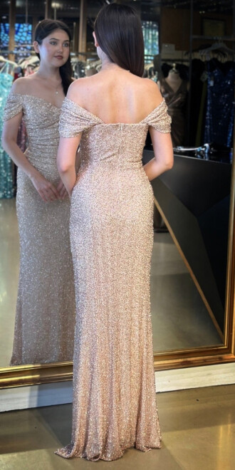 Bej Madonna Yaka Düz Kesim Pullu Boncuklu Uzun Abiye Elbise 11023 - 5