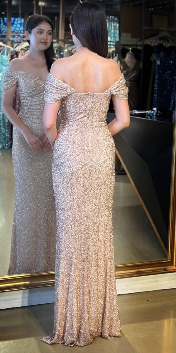 Bej Madonna Yaka Düz Kesim Pullu Boncuklu Uzun Abiye Elbise 11023 - 5