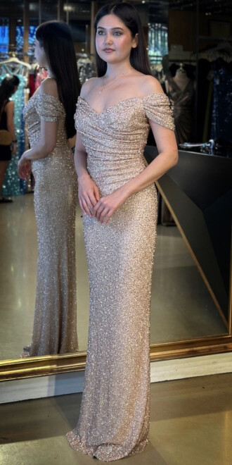 Bej Madonna Yaka Düz Kesim Pullu Boncuklu Uzun Abiye Elbise 11023 - 2