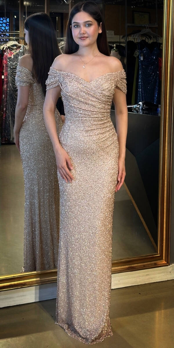 Bej Madonna Yaka Düz Kesim Pullu Boncuklu Uzun Abiye Elbise 11023 - 1