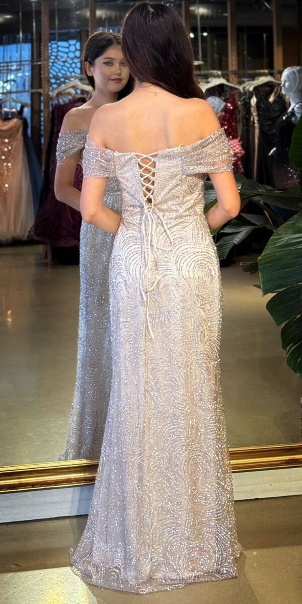 Bej Madonna Yaka Sırt Dekolteli Düz Kesim Simli Uzun Abiye Elbise 11113-06 - 5