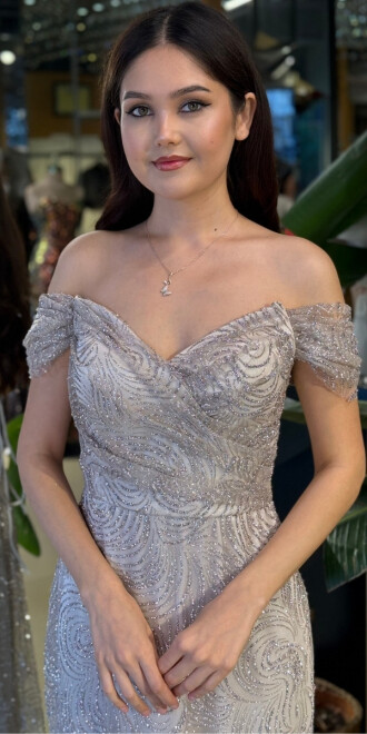 Bej Madonna Yaka Sırt Dekolteli Düz Kesim Simli Uzun Abiye Elbise 11113-06 - 3