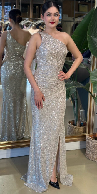 Bej Payet Uzun Abiye Elbise 7383 - abiyeniall