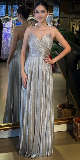 Bej Straplez Yaka Kloş Etekli Jakarlı Uzun Abiye Elbise 11080 - abiyeniall