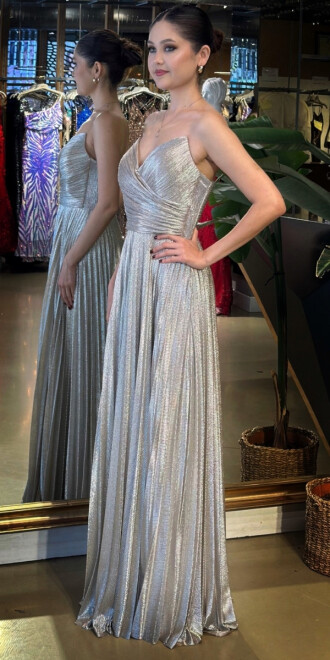 Bej Straplez Yaka Kloş Etekli Jakarlı Uzun Abiye Elbise 11080 - 2