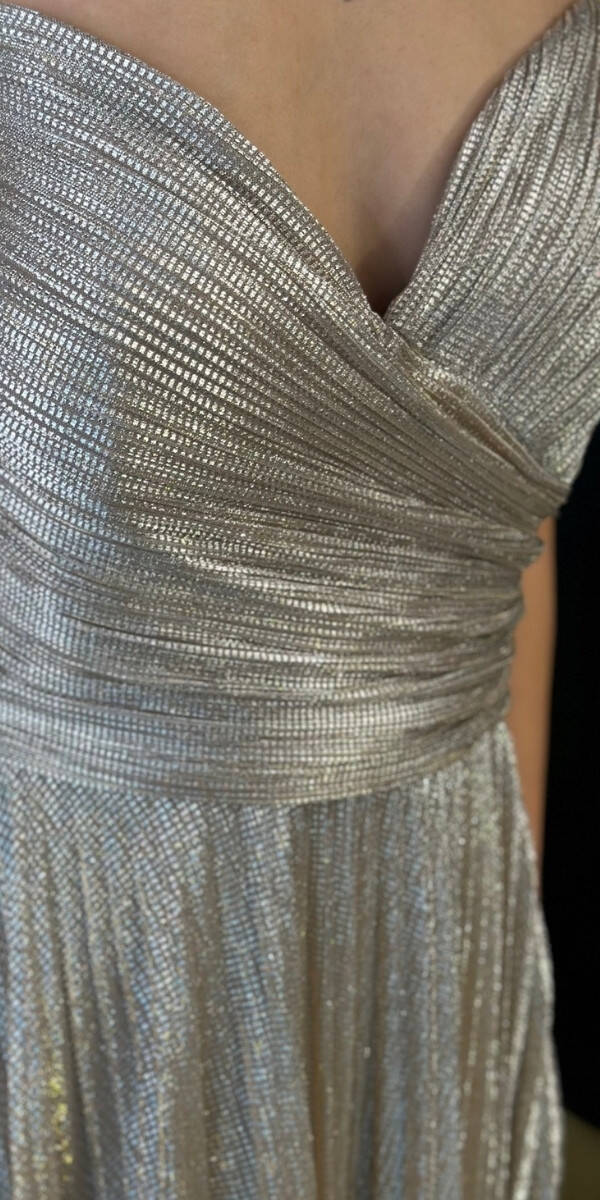 Bej Straplez Yaka Kloş Etekli Jakarlı Uzun Abiye Elbise 11080 - 4