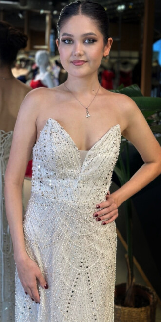 Bej Straplez Yaka Sırt Dekolteli Düz Kesim Pullu Boncuklu Uzun Abiye Elbise 11036-01 - 3