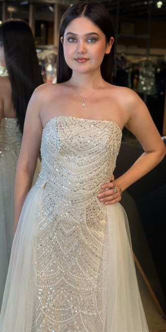 Bej Straplez Yaka Tül Pelerin Etekli Pullu Boncuklu Uzun Abiye Elbise 7705 - 3