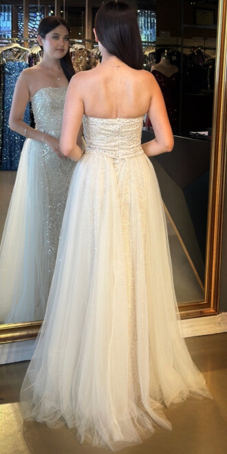 Bej Straplez Yaka Tül Pelerin Etekli Pullu Boncuklu Uzun Abiye Elbise 7705 - 5