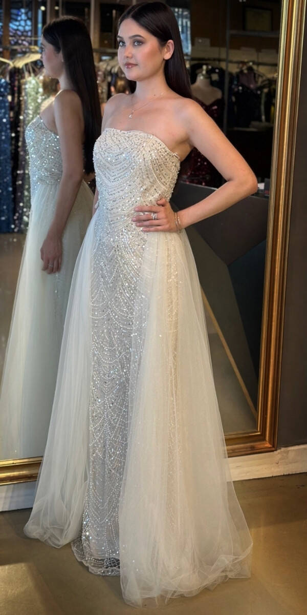 Bej Straplez Yaka Tül Pelerin Etekli Pullu Boncuklu Uzun Abiye Elbise 7705 - 2