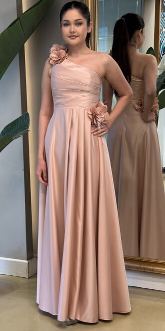 Bej Tek Omuzlu Çiçek Detaylı Kloş Etekli Saten Uzun Abiye Elbise 7659 