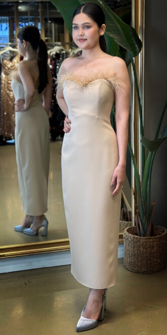 Bej Tüy Detaylı Yırtmaçlı Düz Kesim Krep Midi Abiye Elbise 7765 - 2