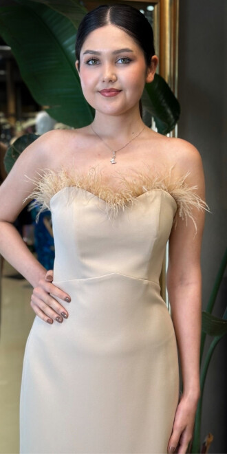 Bej Tüy Detaylı Yırtmaçlı Düz Kesim Krep Midi Abiye Elbise 7765 - 3