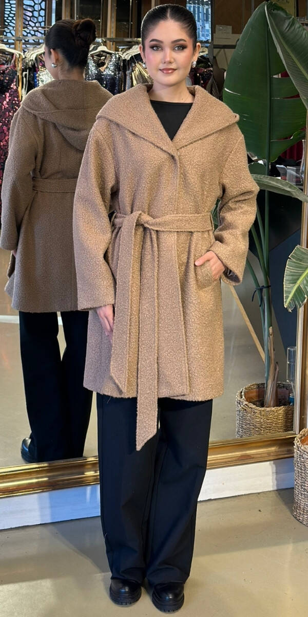 Bej Uzun Kollu Coat Uzun Abiye Elbise 11160-02 - 1